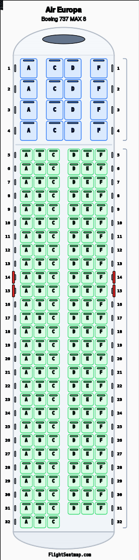 Air Europa Boeing 737 MAX 8 seat map layout for flight UX1509 from MAD to FRA