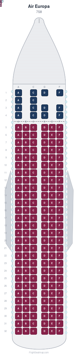 Air Europa 7S8 seat map layout showing 2-class configuration with 182 seats