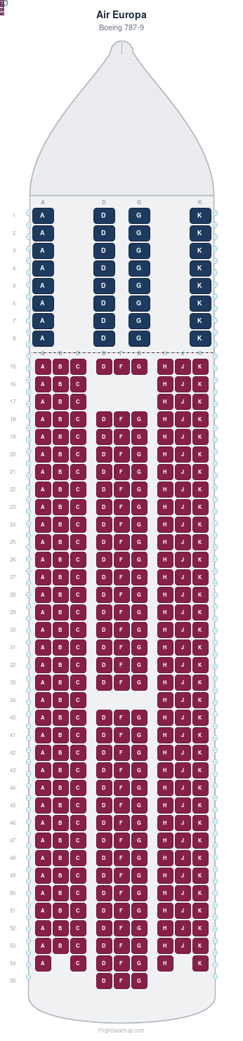 Air Europa Boeing 787-9 seat map layout for flight UX1048 from FCO to MAD