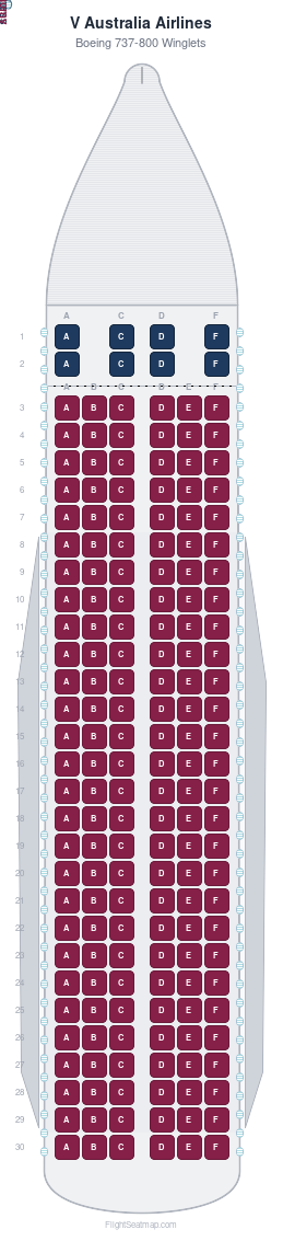 V Australia Airlines Boeing 737-800 Winglets seat map layout for flight VA816 from SYD to MEL