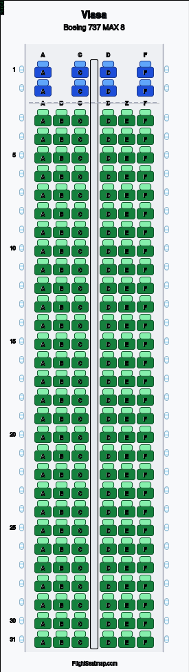 Viasa Boeing 737 MAX 8 seat map layout for flight VA91 from MEL to DPS