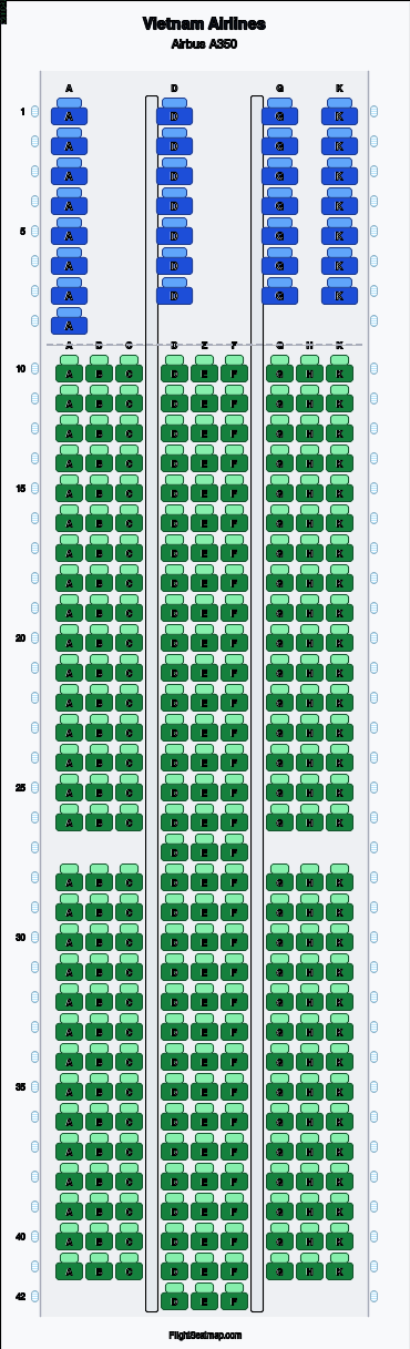 Vietnam Airlines Airbus A350 seat map layout showing 2-class configuration with 305 seats