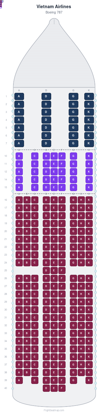 Vietnam Airlines Boeing 787 seat map layout for flight VN62 from SVO to HAN