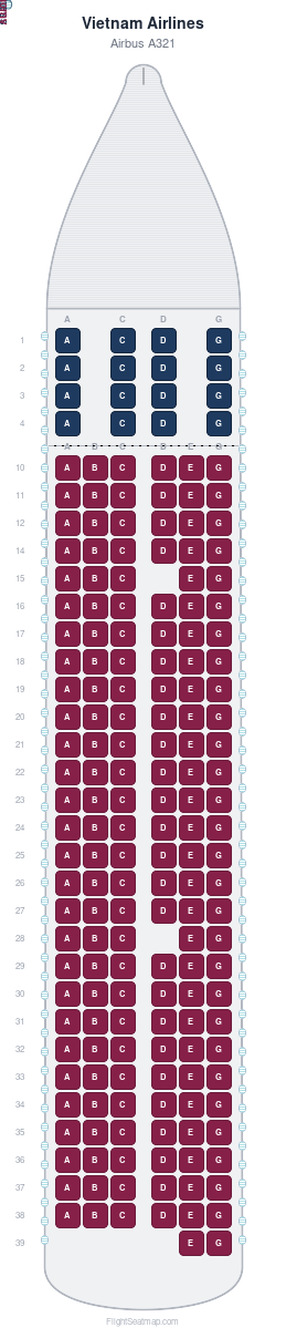 Vietnam Airlines Airbus A321 seat map layout for flight VN610 from BKK to HAN