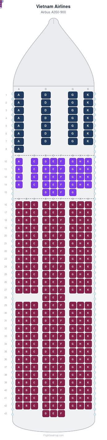 Vietnam Airlines Airbus A350-900 seat map layout for flight VN18 from CDG to HAN