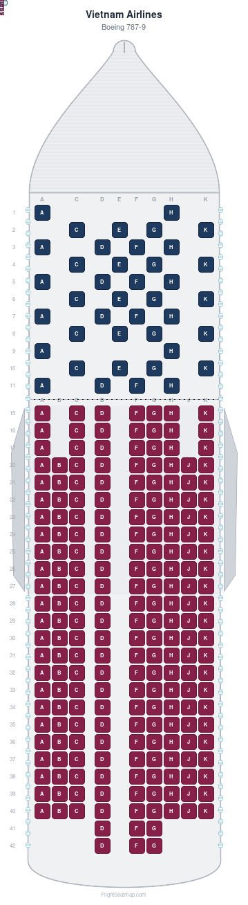 Vietnam Airlines Boeing 787-9 seat map layout showing 2-class configuration with 256 seats
