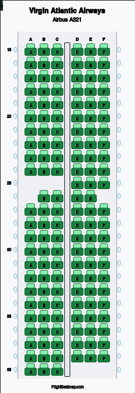 Virgin Atlantic Airways Airbus A321 seat map layout showing 1-class configuration with 142 seats