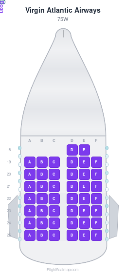 Virgin Atlantic Airways 75W seat map layout showing 1-class configuration with 44 seats