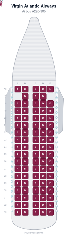Virgin Atlantic Airways Airbus A220-300 seat map layout showing 1-class configuration with 88 seats