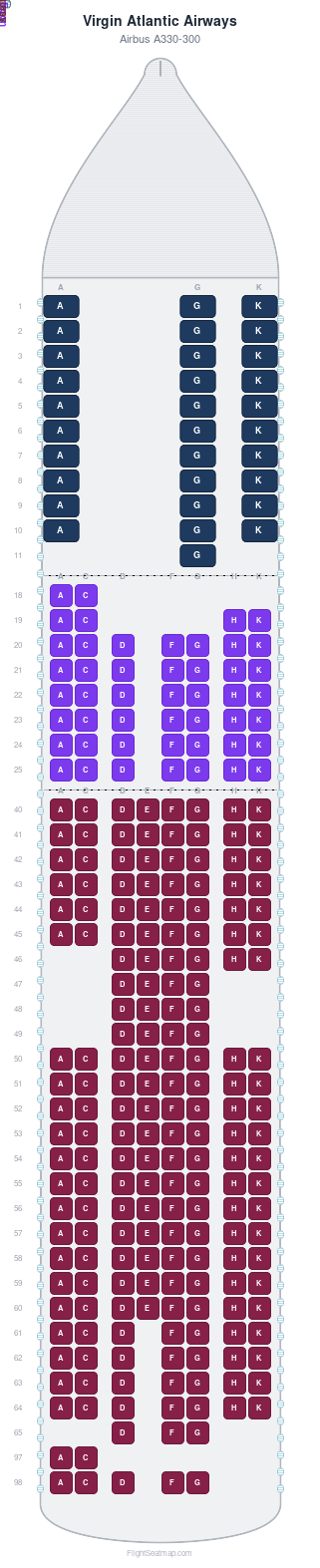 Virgin Atlantic Airways Airbus A330-300 seat map layout showing 3-class configuration with 271 seats