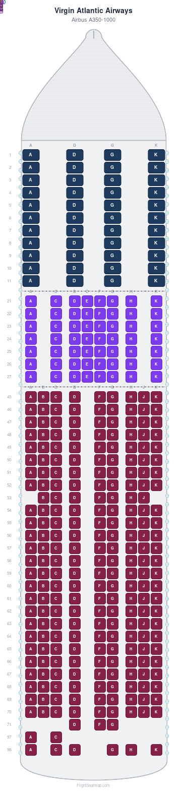 Virgin Atlantic Airways Airbus A350-1000 seat map layout for flight VS46 from JFK to LHR
