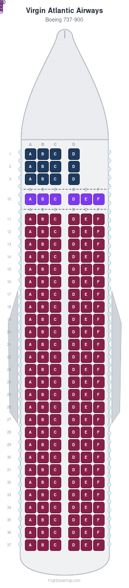 Virgin Atlantic Airways Boeing 737-900 seat map layout showing 3-class configuration with 180 seats