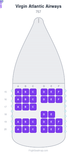 Virgin Atlantic Airways 757 seat map layout showing 1-class configuration with 29 seats