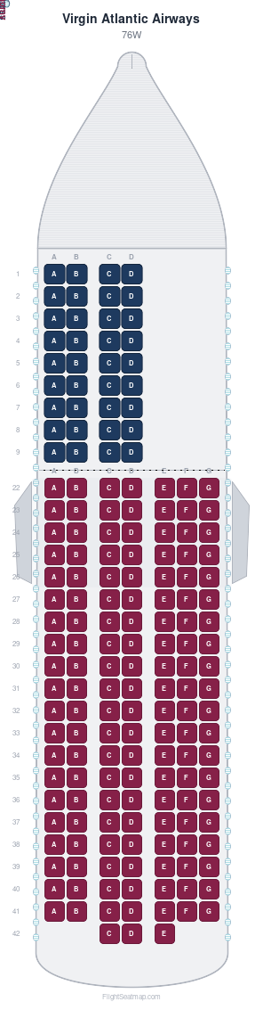 Virgin Atlantic Airways 76W seat map layout showing 2-class configuration with 179 seats