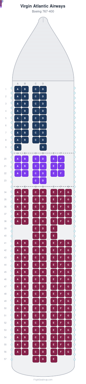 Virgin Atlantic Airways Boeing 767-400 seat map layout showing 3-class configuration with 210 seats