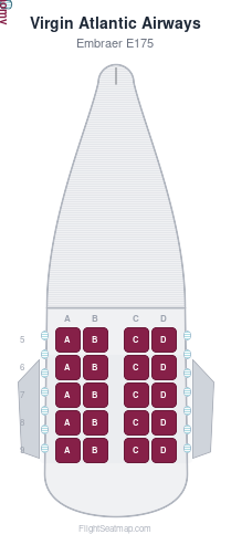 Virgin Atlantic Airways Embraer E175 seat map layout showing 1-class configuration with 20 seats