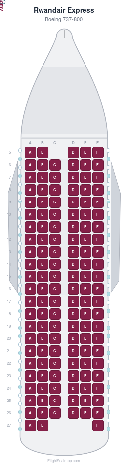 Rwandair Express Boeing 737-800 seat map layout showing 1-class configuration with 134 seats