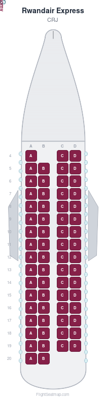 Rwandair Express CRJ seat map layout showing 1-class configuration with 65 seats