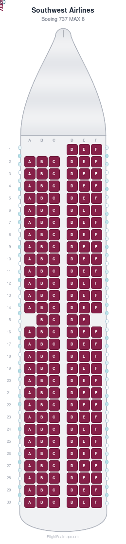 Southwest Airlines Boeing 737 MAX 8 seat map layout showing 1-class configuration with 175 seats