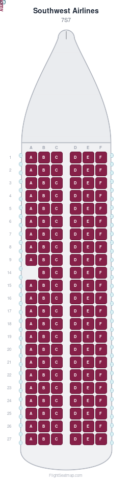 Southwest Airlines 7S7 seat map layout for flight WN2361 from LGA to DEN