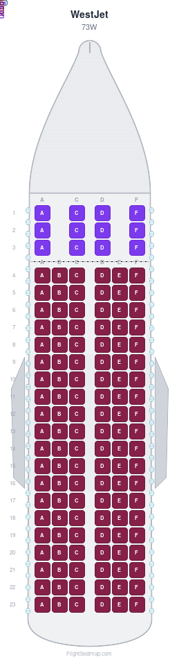 WestJet 73W seat map layout showing 2-class configuration with 132 seats