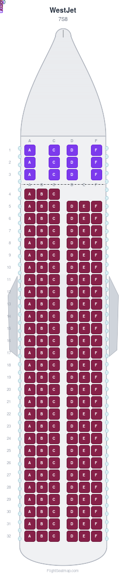 WestJet 7S8 seat map layout showing 2-class configuration with 183 seats