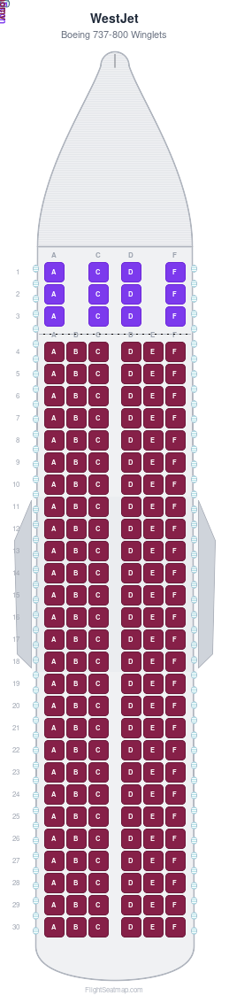 WestJet Boeing 737-800 Winglets seat map layout showing 2-class configuration with 174 seats