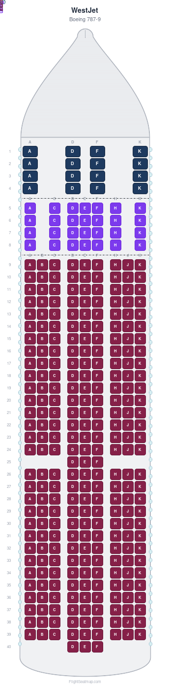 WestJet Boeing 787-9 seat map layout for flight WS33 from FCO to YYC