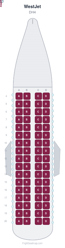 WestJet DH4 seat map layout showing 1-class configuration with 68 seats