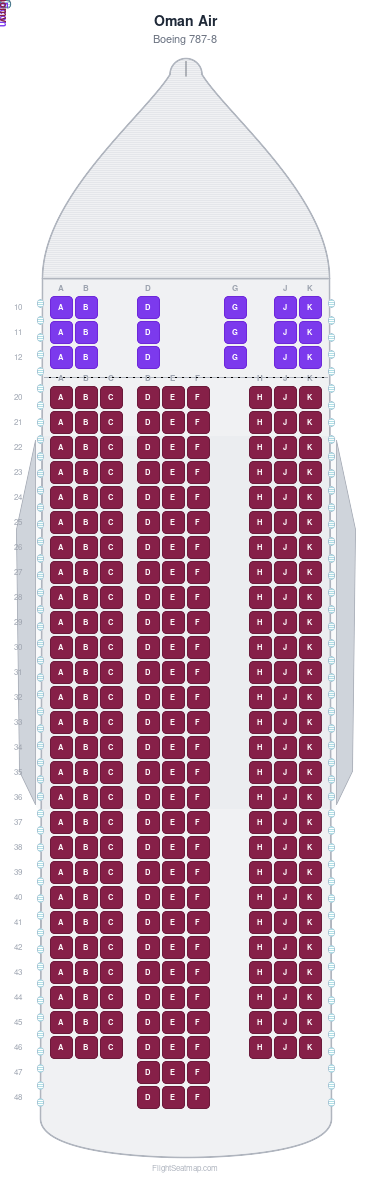 Oman Air Boeing 787-8 seat map layout for flight WY818 from BKK to MCT