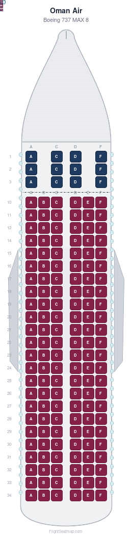 Oman Air Boeing 737 MAX 8 seat map layout for flight WY124 from MUC to MCT