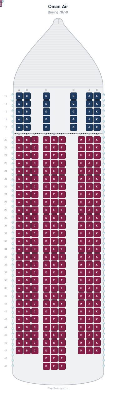 Oman Air Boeing 787-9 seat map layout for flight WY849 from MCT to CGK