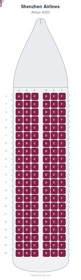 Shenzhen Airlines Airbus A320 seat map layout showing 1-class configuration with 126 seats
