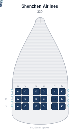 Shenzhen Airlines 330 seat map layout showing 1-class configuration with 18 seats
