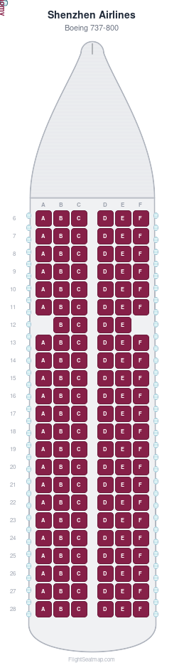 Shenzhen Airlines Boeing 737-800 seat map layout showing 1-class configuration with 136 seats